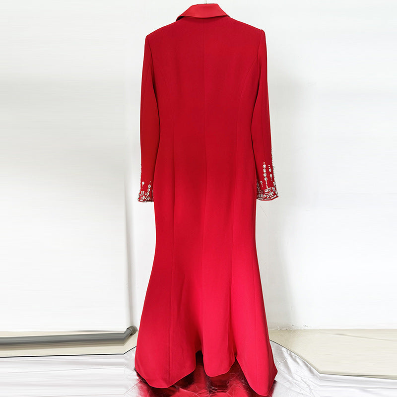 Fashion Bead Diamond Tailored Collar Red Dress