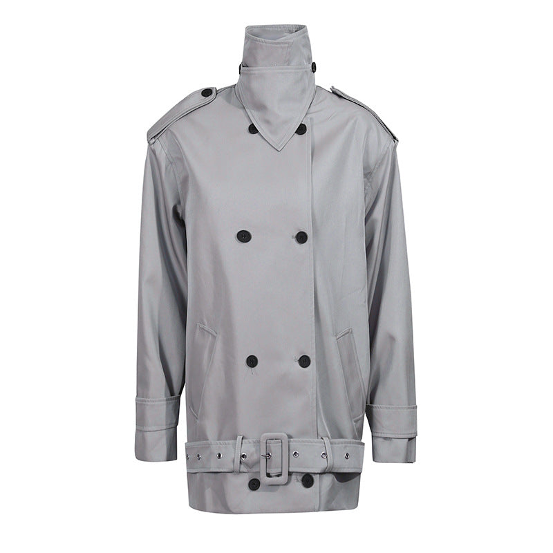 Women's Solid Color Windbreaker Fashionable Double-breasted Stand Collar Coats
