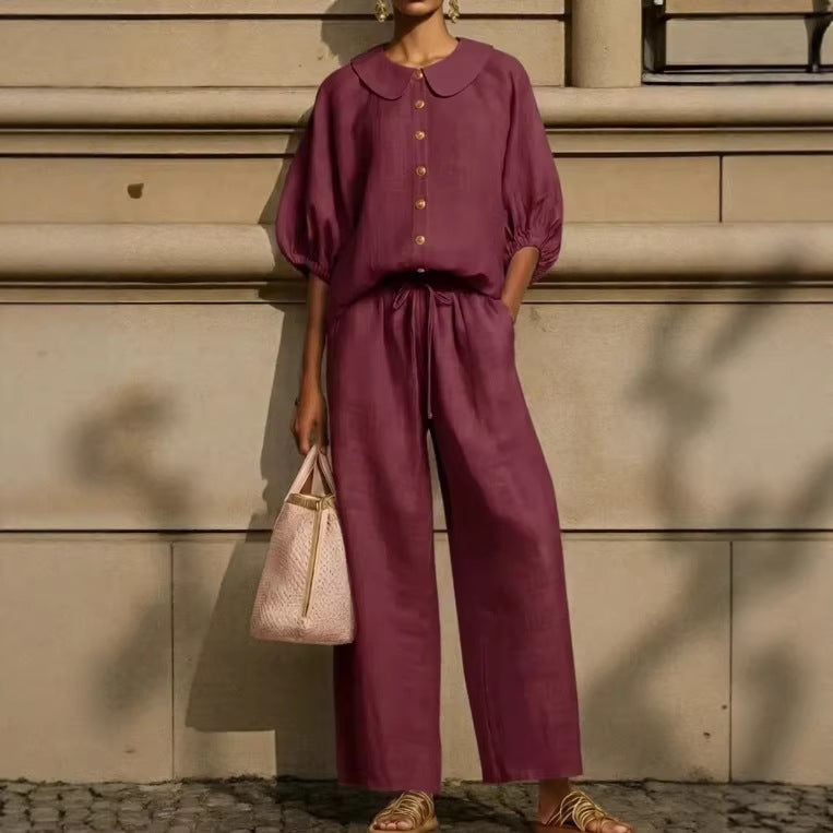Women's Cotton Linen Lantern Sleeve Shirt Drawstring Fashion Casual Suit