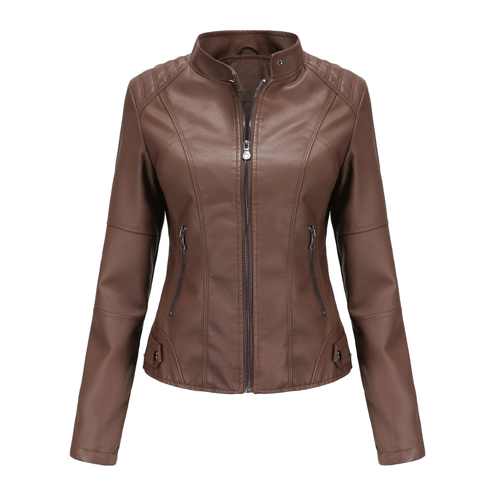 Women's Leather Slim Thin Motorcycle Stand Collar Jackets