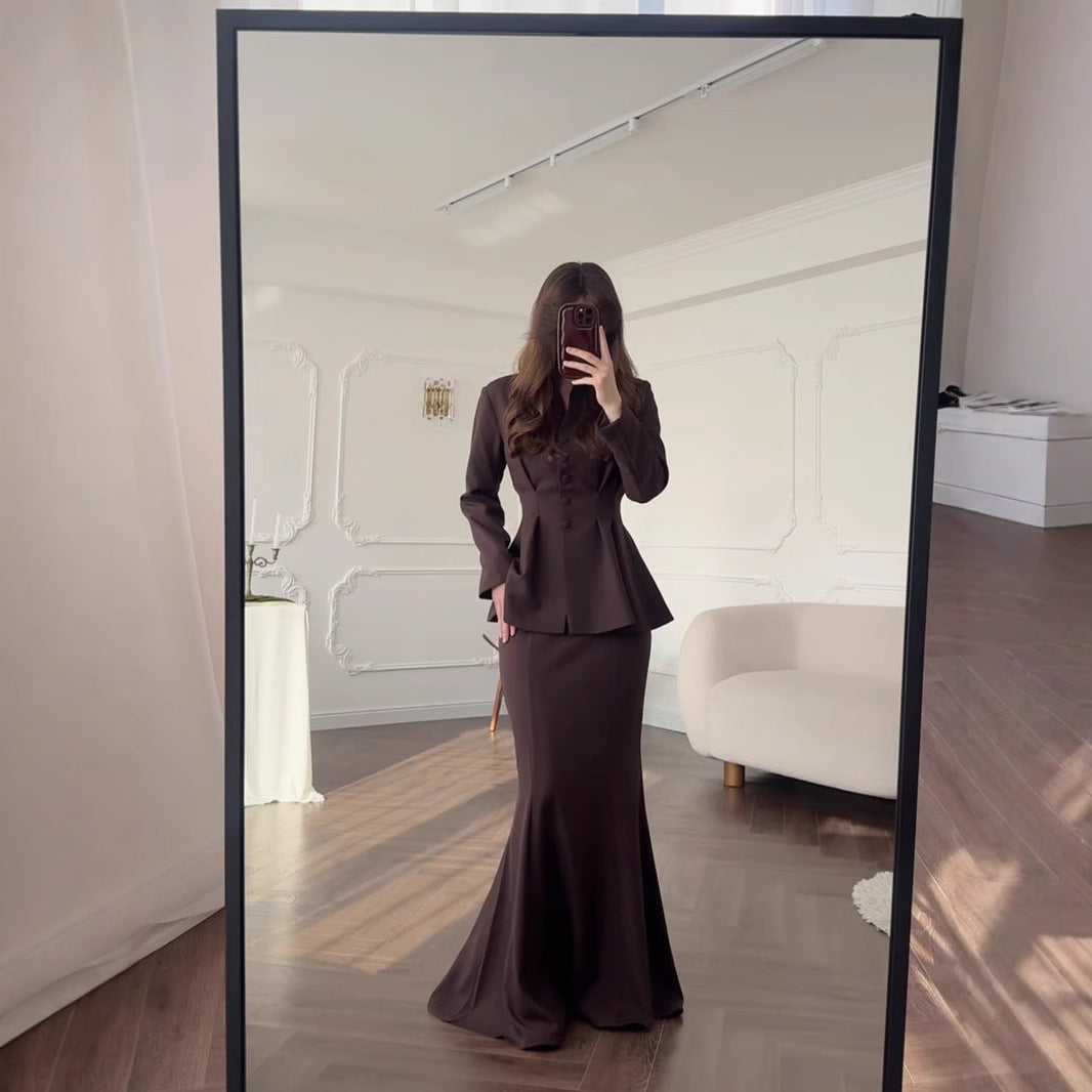 Women's Soft Solid Color Long-sleeved Long Dress Suits