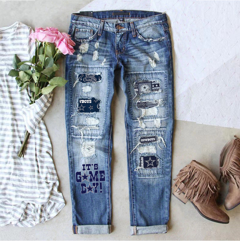 Women's Fashion Wear Straight Ripped Printed Clothing