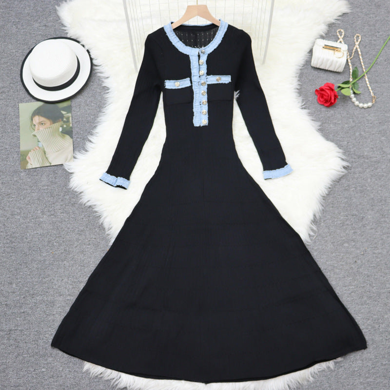 Denim Long-sleeved Knitted Simple Round Neck Slimming Dress