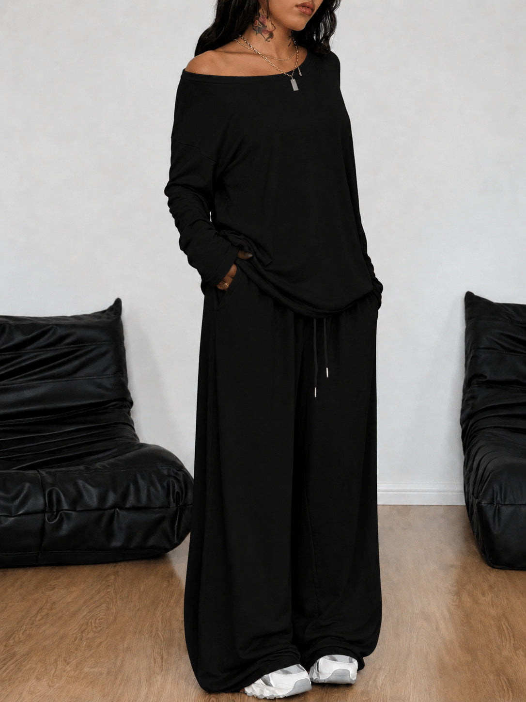 Women's Diagonal Collar Wide Leg Solid Color Fashion Casual Suit