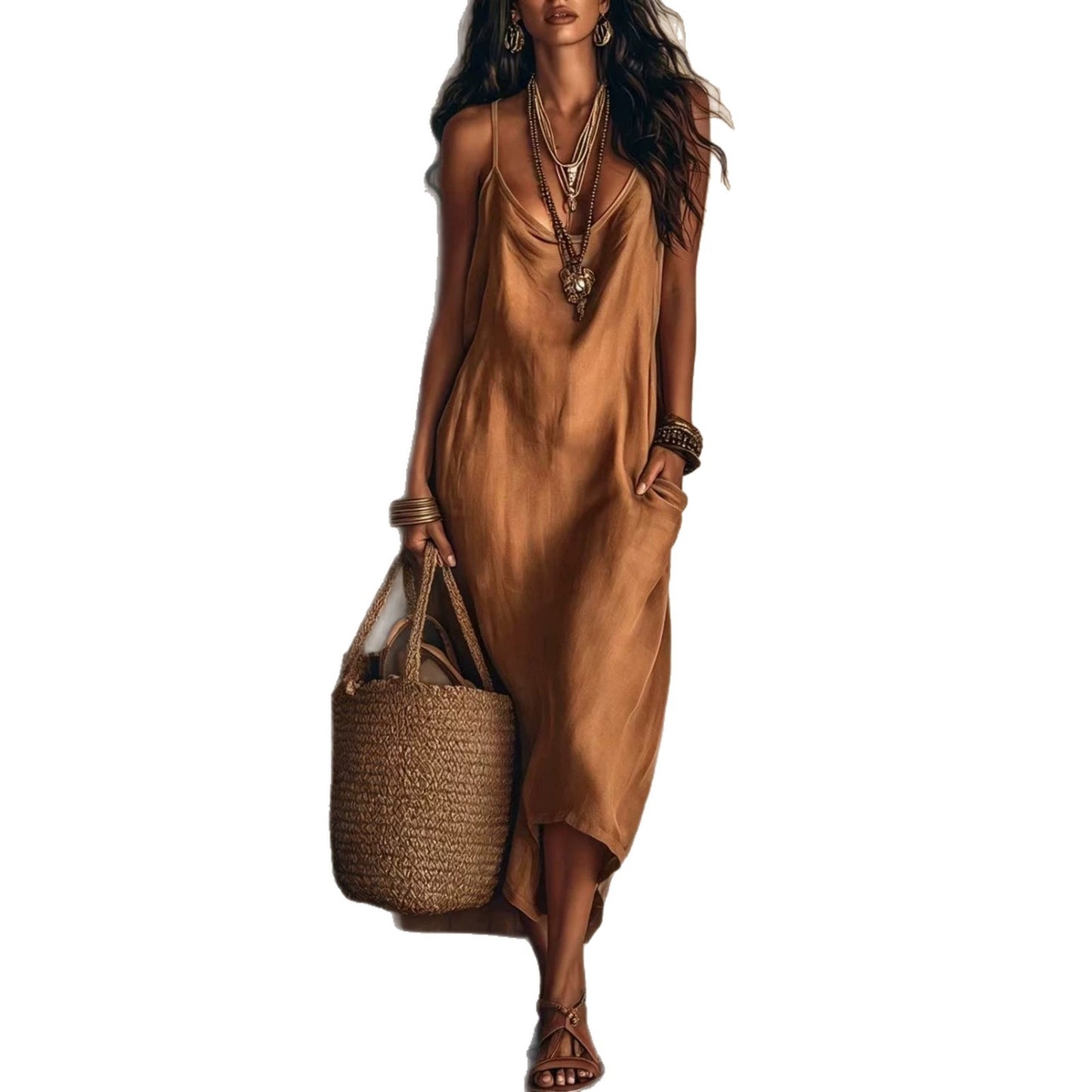 Featured Swing Collar Solid Color Strap Vacation Style Dress