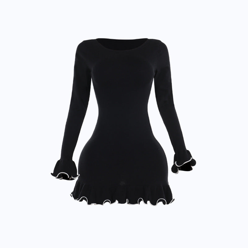 Women's Autumn Temperament Contrast Color Wave Curling Hem Long Dresses