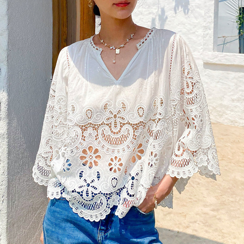 Women's French White Lace Shirt South Oil Blouses