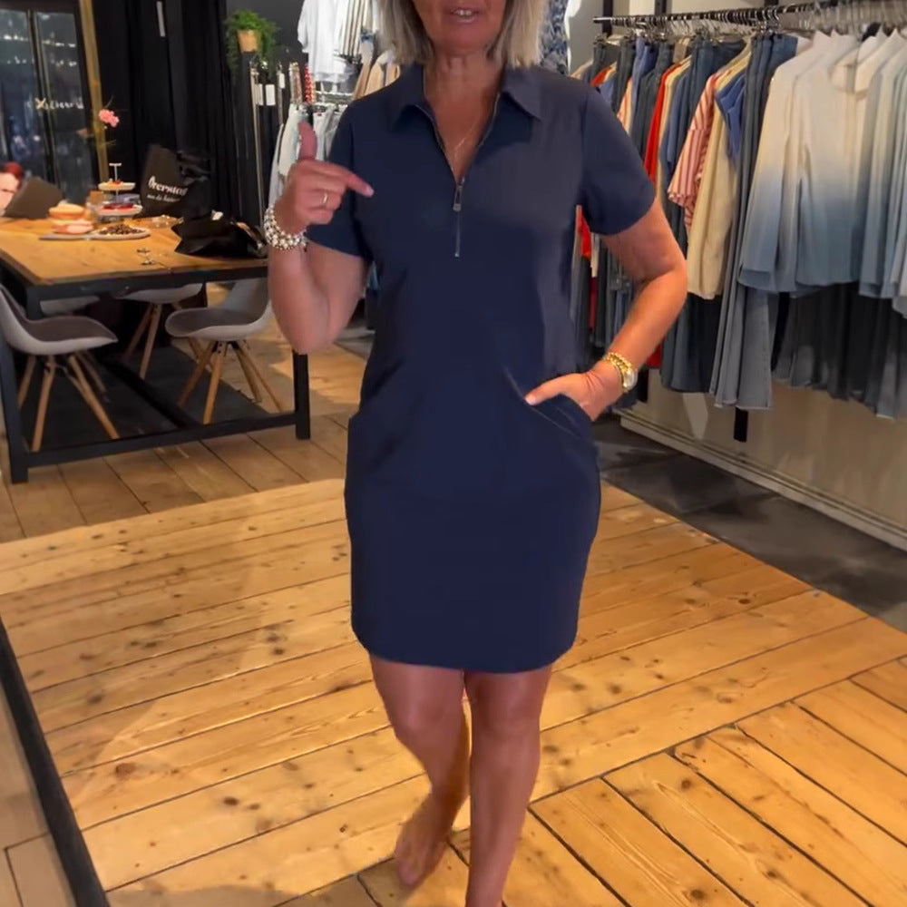Summer Solid Color Sleeve Lapel Zipper Dress