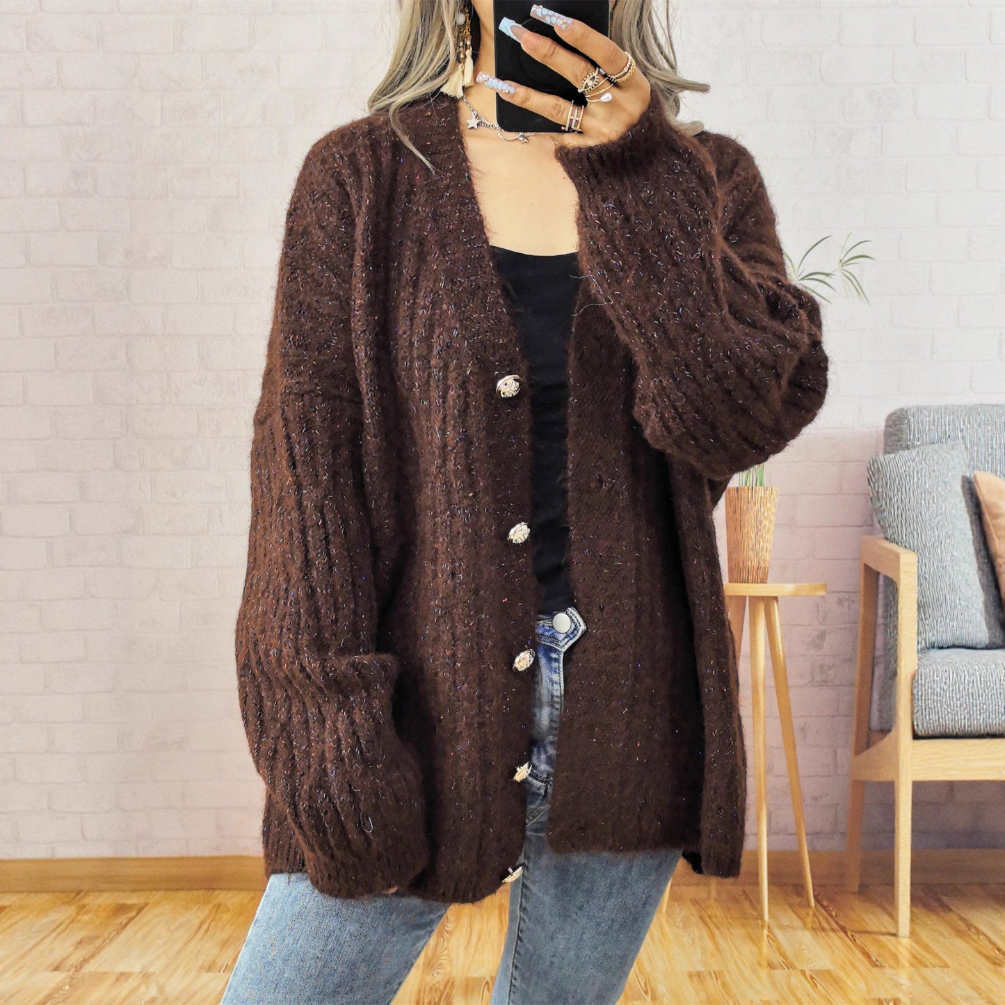 Retro Thick Gold Button Knitted Single-breasted Sweaters