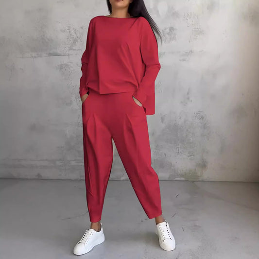 Women's Solid Color Round Neck Pocket Trousers Suits