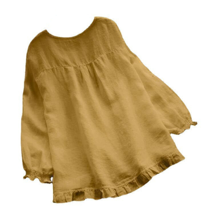 Women's Solid Color Loose Lotus Leaf Bottom Cuff Round Neck Blouses