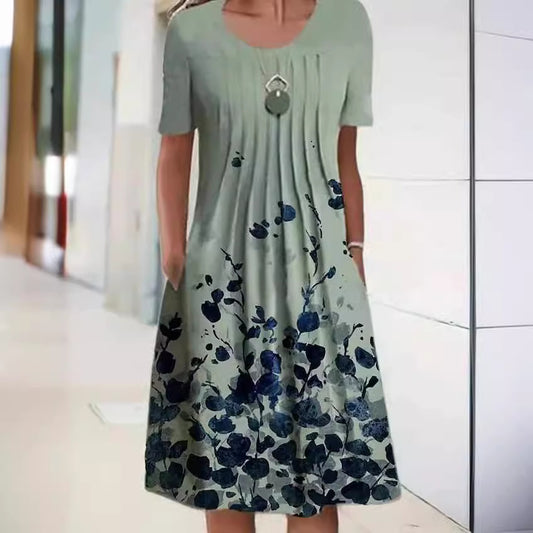 Women's Floral Print Round Neck Pullover Mid-length Dresses