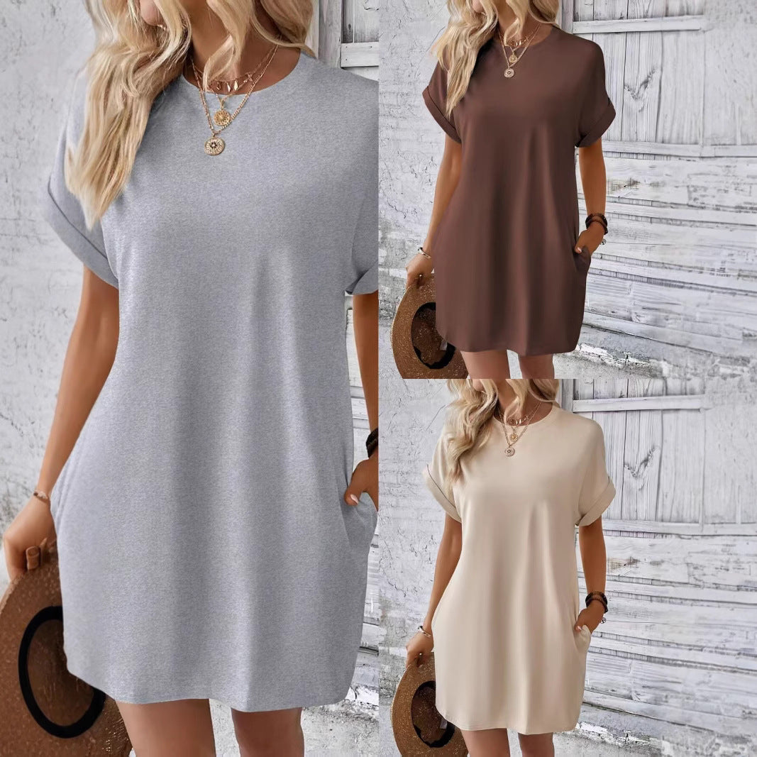 Women's Short-sleeved Solid Color Round Neck With Pockets Dress