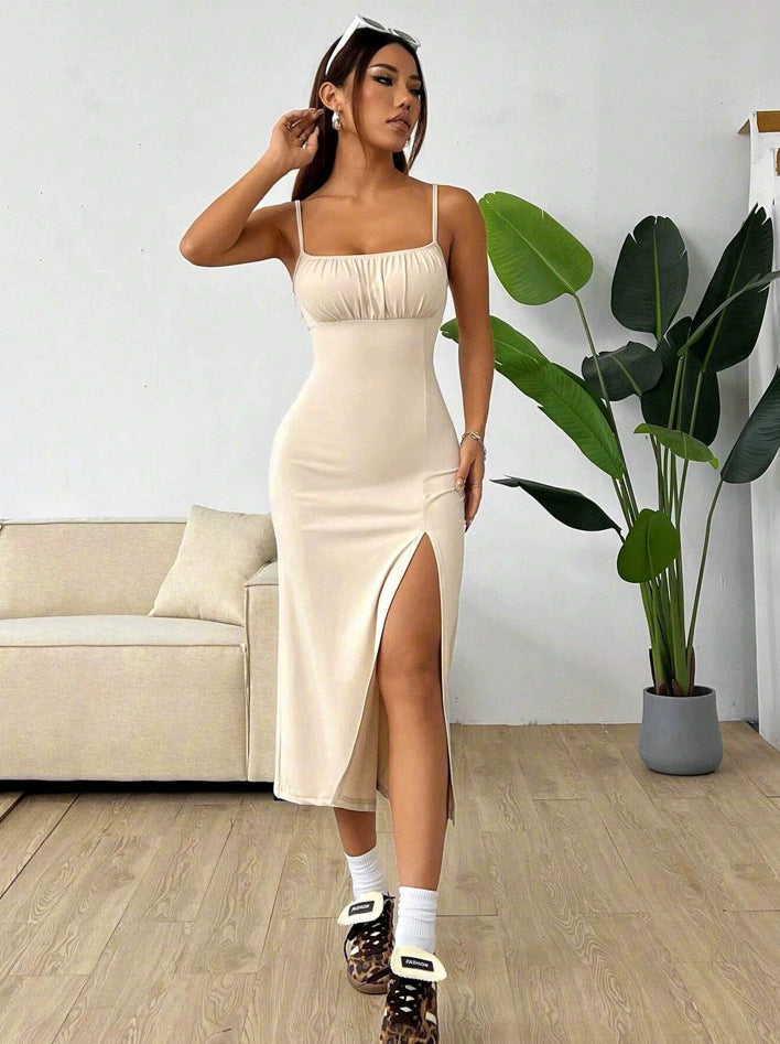 Autumn Spaghetti Straps Chest Wrap High Slit Leopard Print Dress