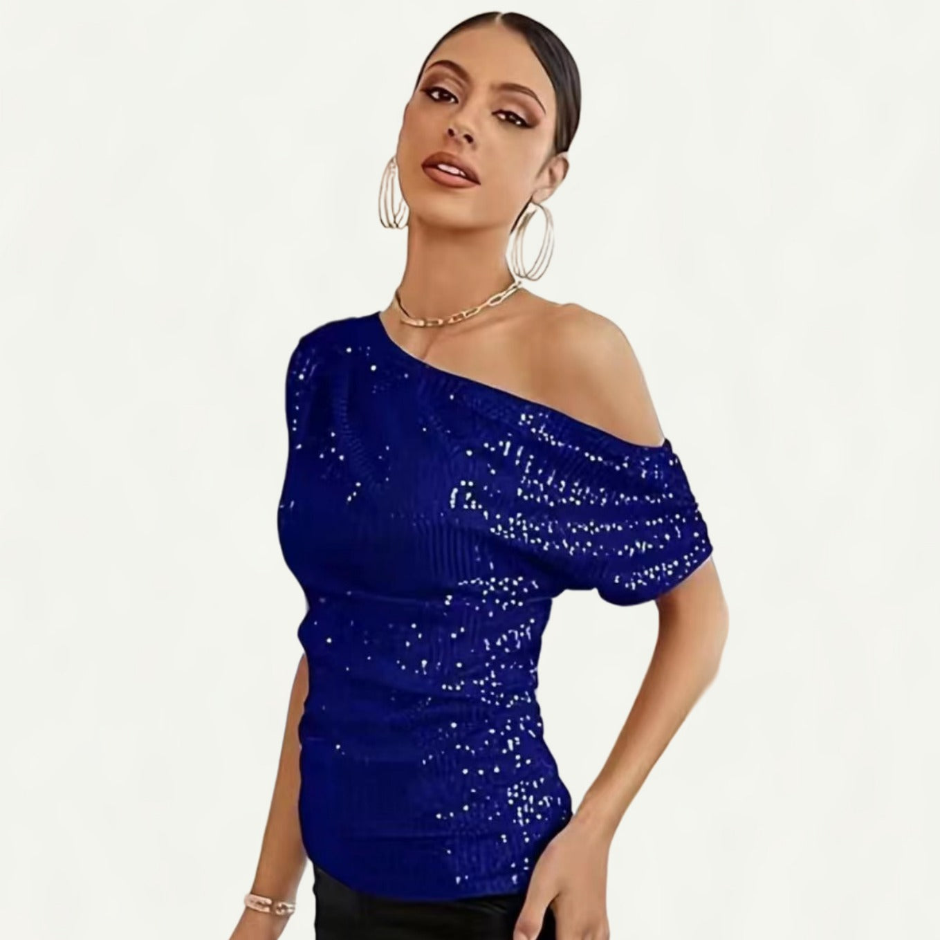Women's Glitter Sequin Diagonal Collar Sleeve Summer Blouses