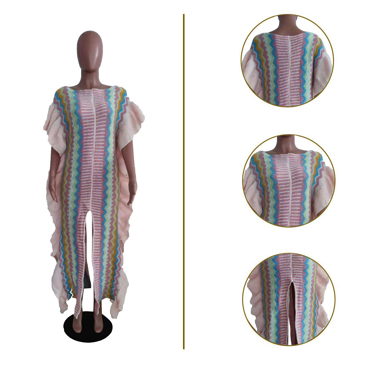 Women's Ruffled Knitted Striped Slit Long Dresses