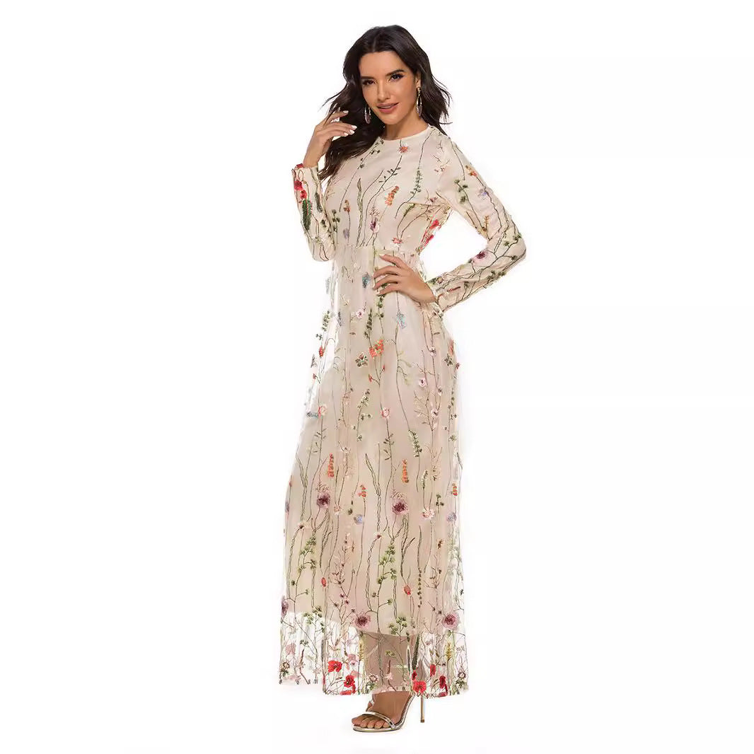 Fashion Embroidered Dress Sweet Flowers Lace Long Dresses