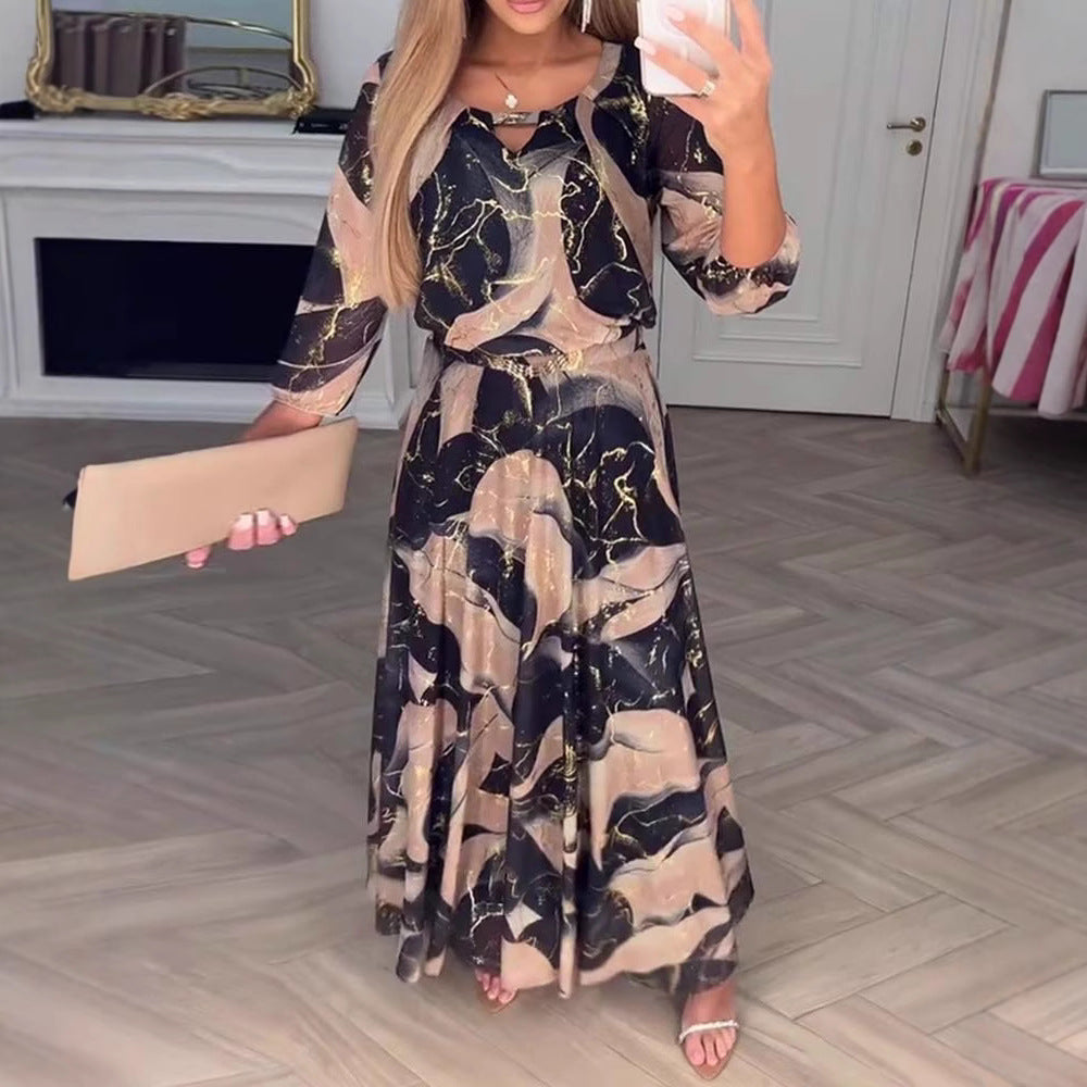 Women's Summer Fashion Printed Sleeves Waist Dress