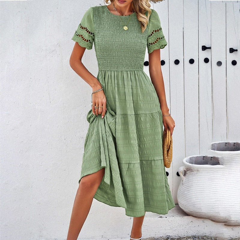 Women's Temperament Pure Color Sleeve Hollow Dress Dresses