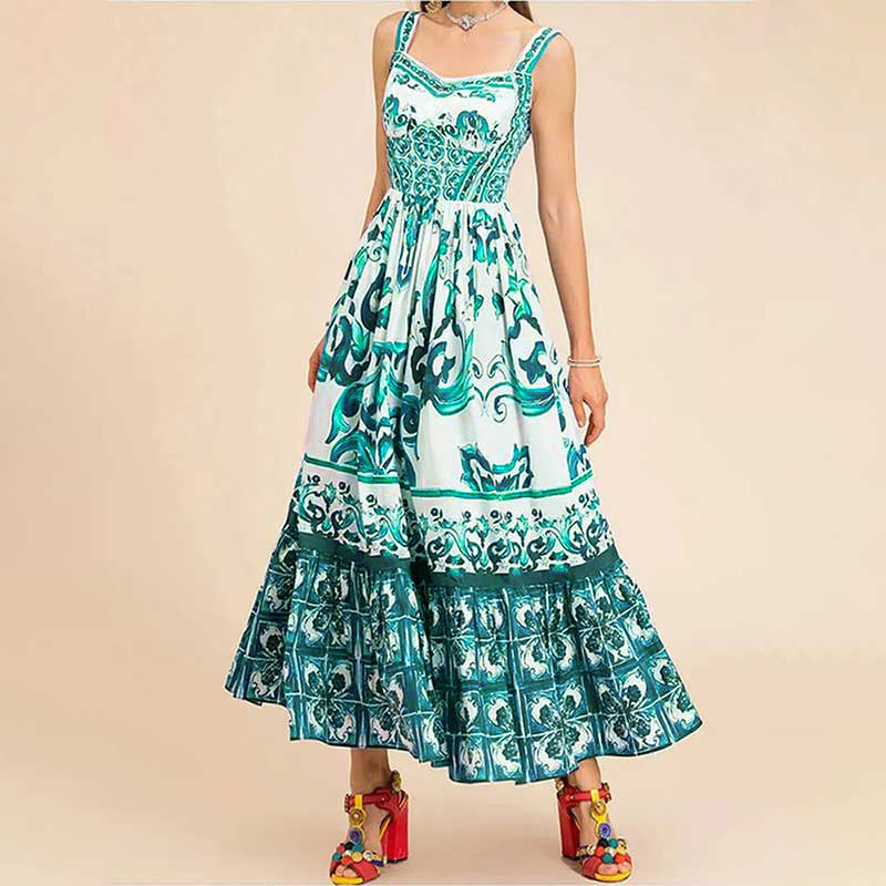 Women's Summer Printed Sleeveless Pleated Waist Tight Mid-length Sling Dress