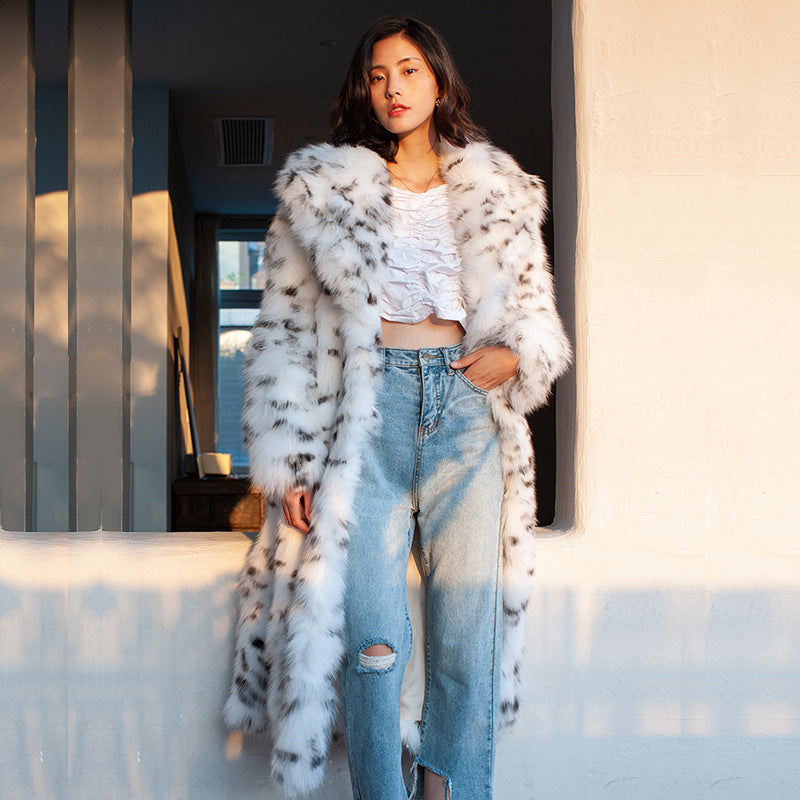 Women's Fur Imitation Fox Black Dot Leopard Print Large Coats