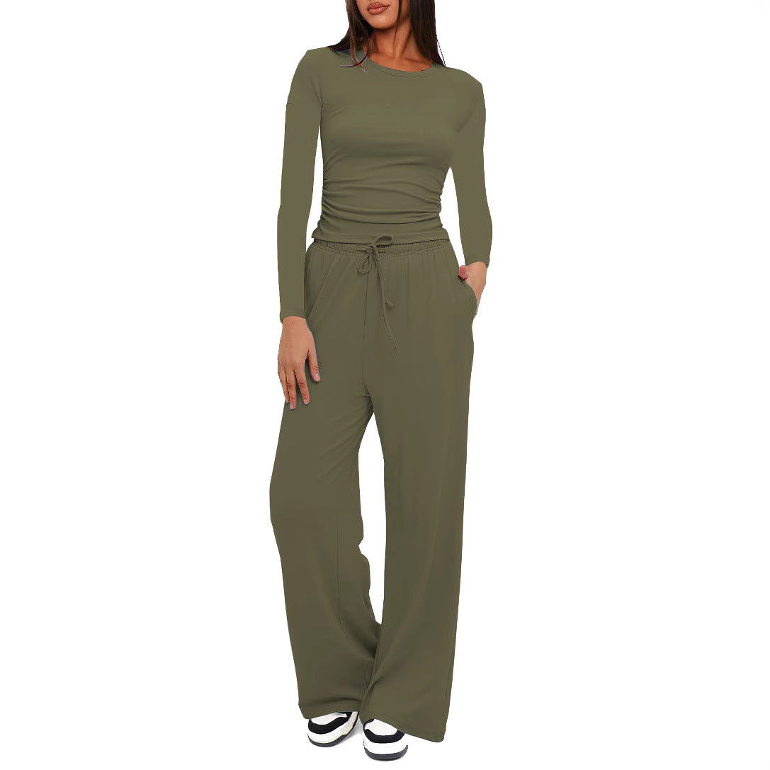 Women's Color Pleated High Waist Wide Leg Fashion Casual Suit