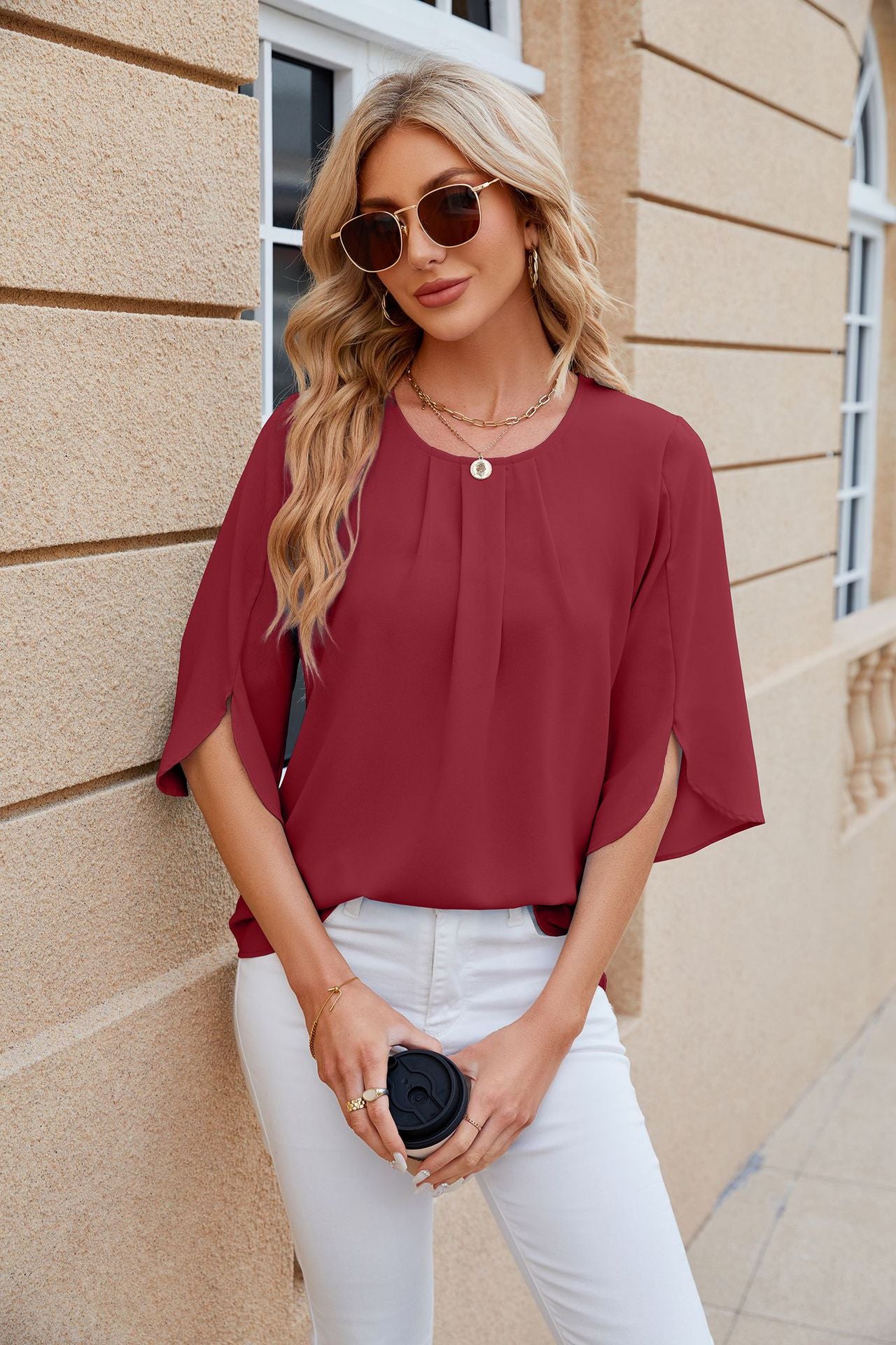 Women's Round Neck Half Sleeve Loose Chiffon Blouses