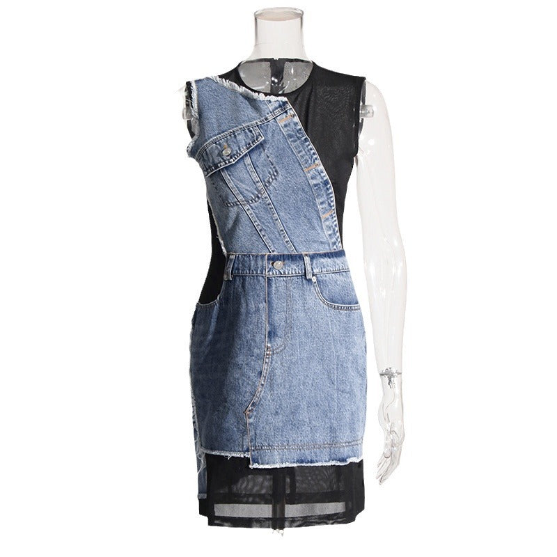 Women's Street Hipster Sleeveless Denim Summer Mesh Stitching Dress