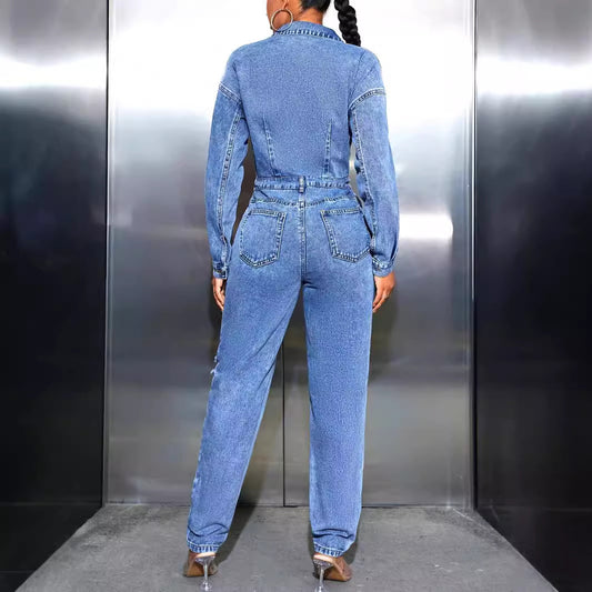 Women's Casual Slim Fit Bodysuit Ripped Denim Jumpsuits