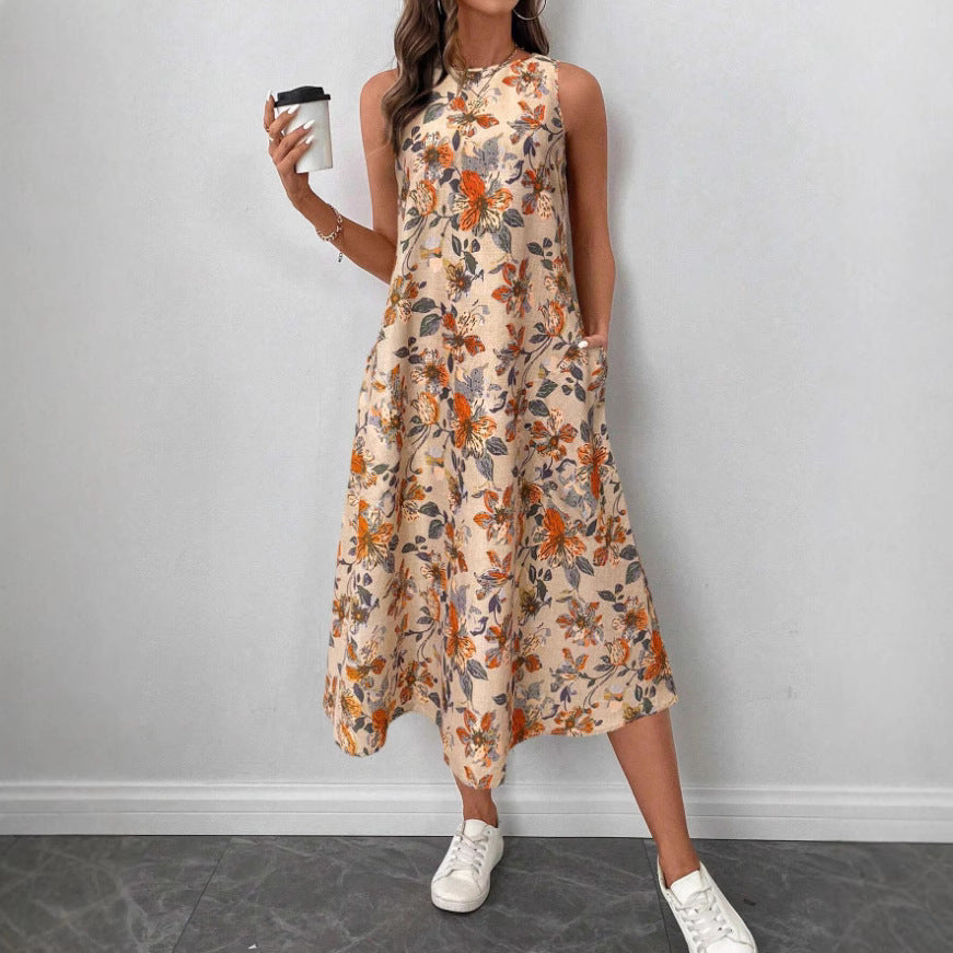 Trendy Women's Printed Sleeveless Pocket Elegant Dress