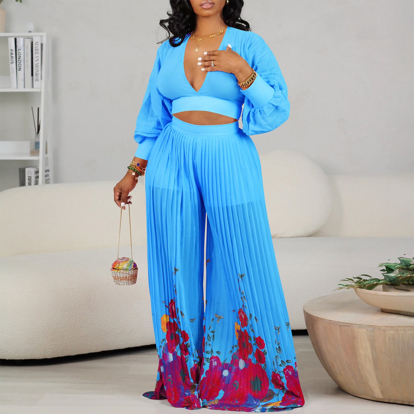 Pretty Chiffon Bishop Sleeves Pleated Two-piece Fashion Casual Suit