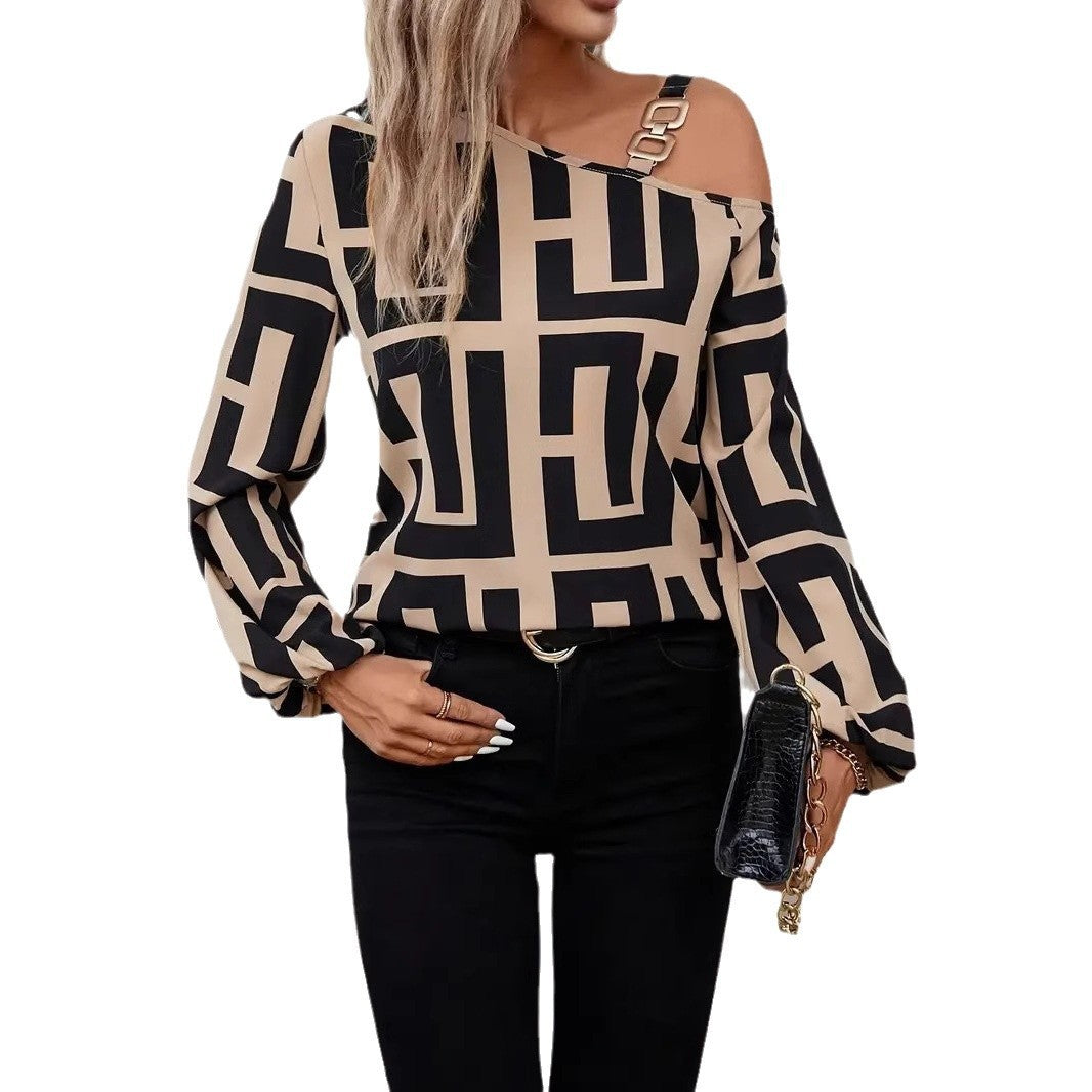 Women's Fashion Geometric Printed Long Sleeve Off Blouses
