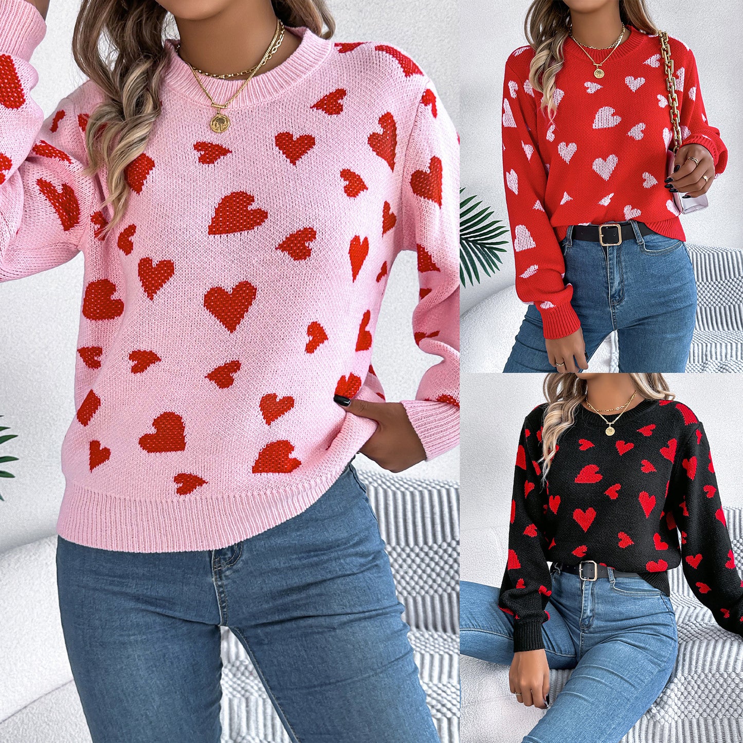 Clearance Casual Contrast Color Love Lantern Sleeve Pullover Sweater