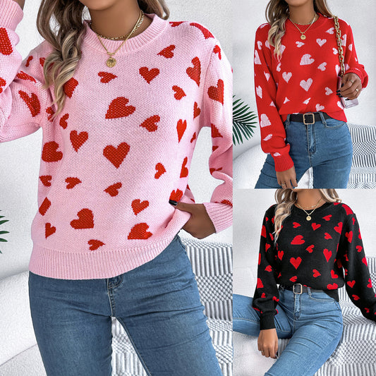 Clearance Casual Contrast Color Love Lantern Sleeve Pullover Sweater