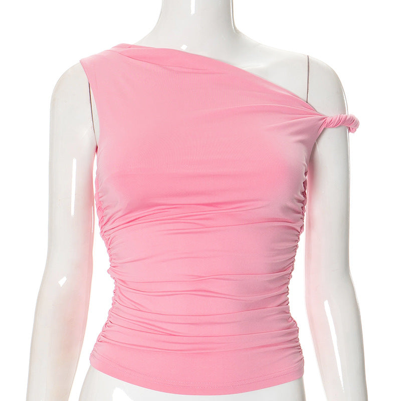 Women's Solid Color Diagonal Collar Pleated Asymmetric Tops