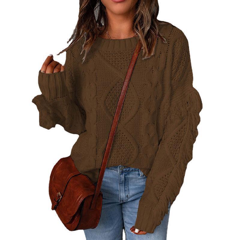 Women's Rhombus Tassel Solid Color Pullover Round Neck Sweater