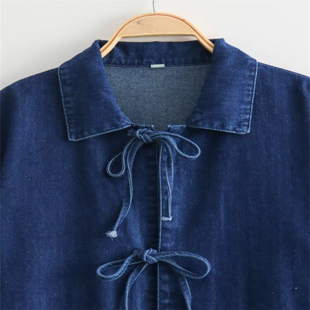 Women's Spring Lapel Bowknot Decoration Long Sleeve Pocket Washed Jackets