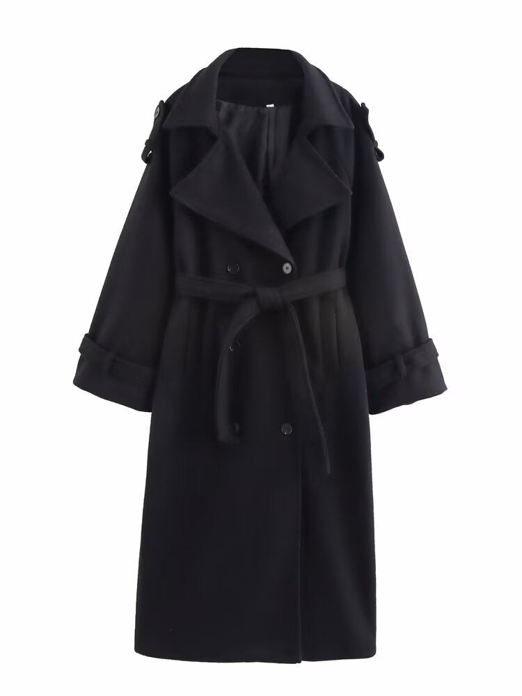 Women's Fashion Casual With Belt Long Woolen Coats