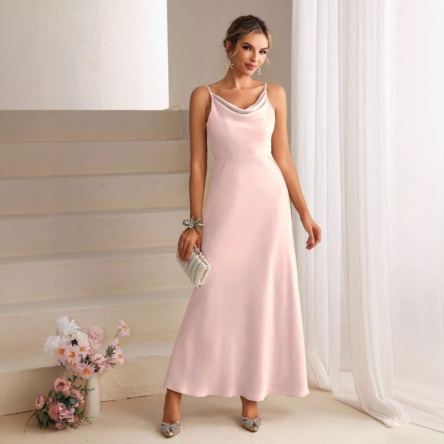 Solid Color Sling Bridesmaid Long Slim Fit Slimming Formal Dress