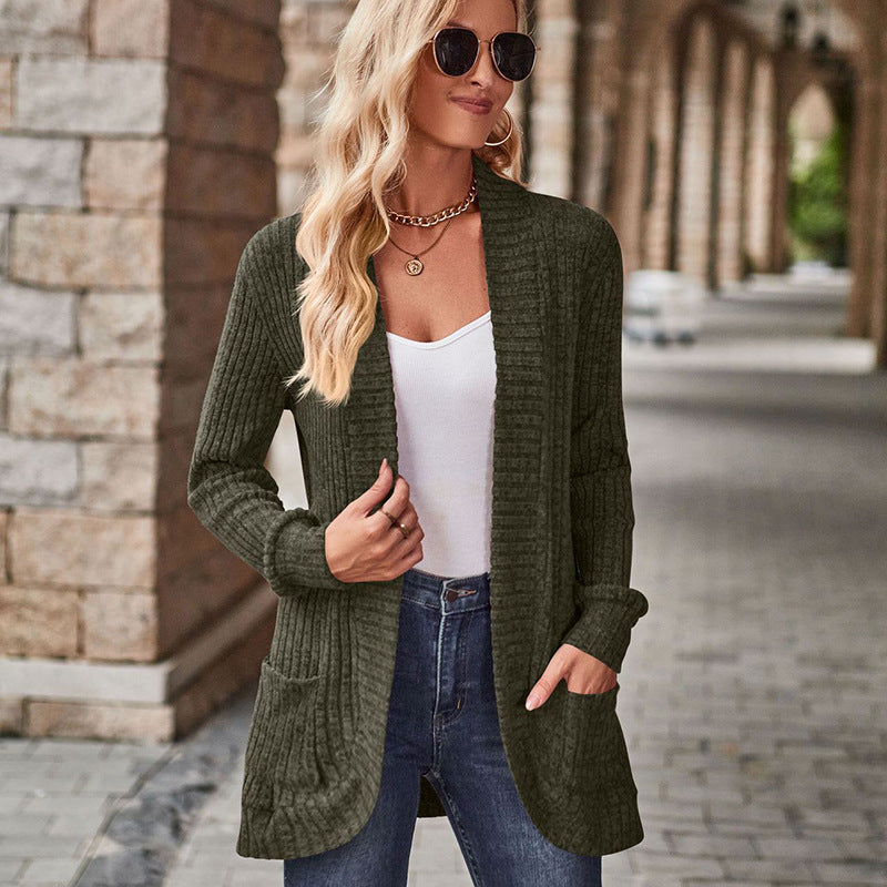 Sleeve Solid Color Rib Fabric Brushed Stitching Women's Sweater