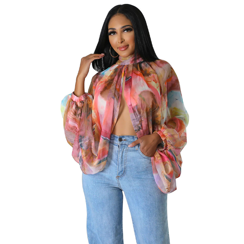 Women's Lace Printing Chiffon Shirt Batwing Sleeve Blouses