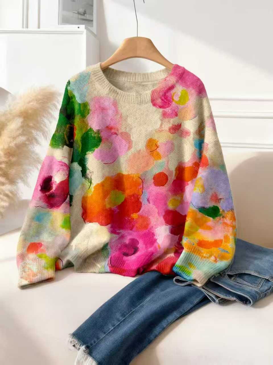 Women's Fashion Floral Print Casual Elegant Wear Match Round Neck Knitwear