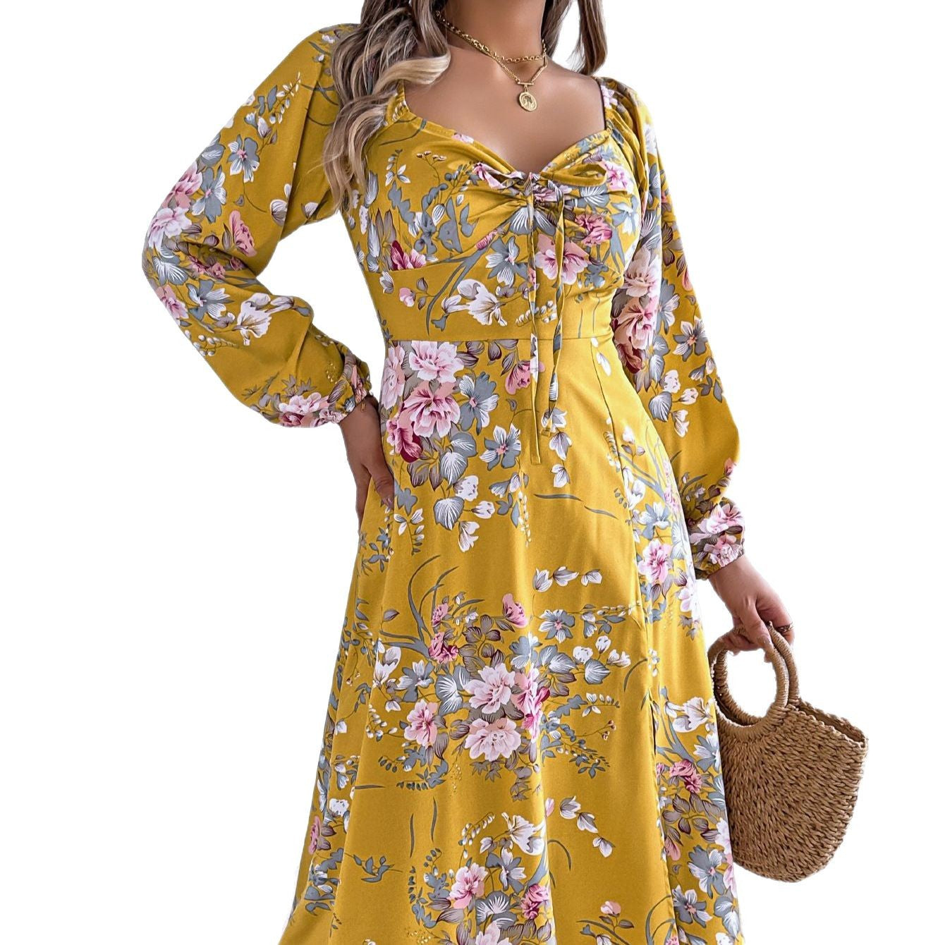 Women's Sexy Lacing Knotted Flower Long Sleeve Dress