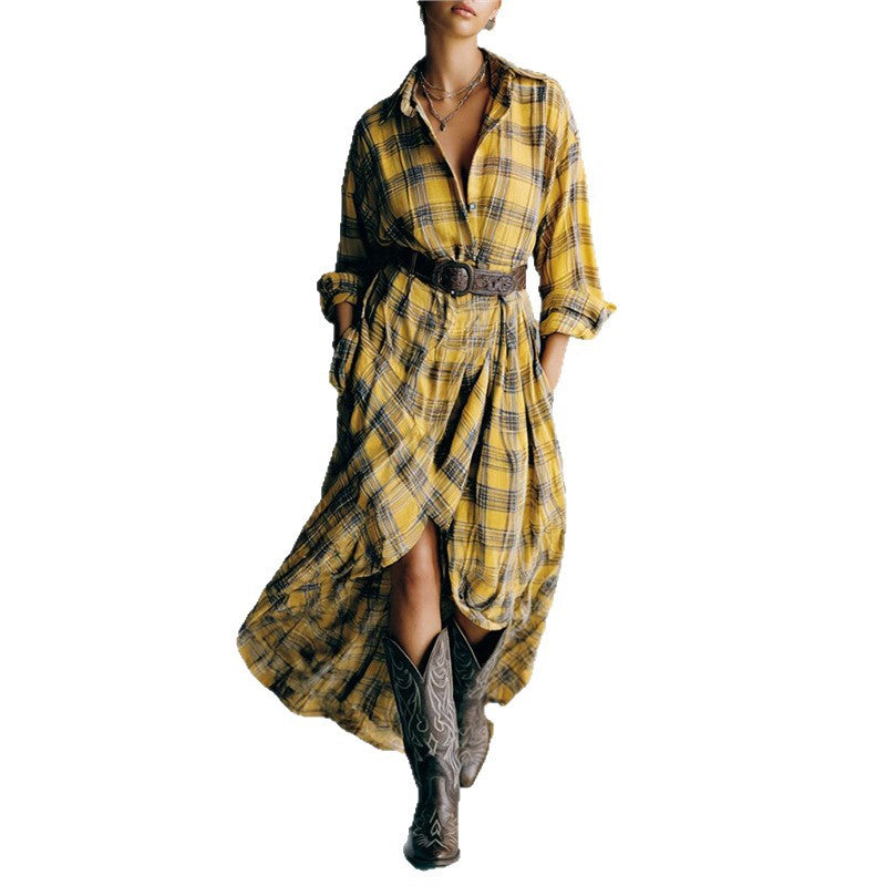 Retro Long Sleeve Plaid Shirtdress Fashion Loose Leisure Dress
