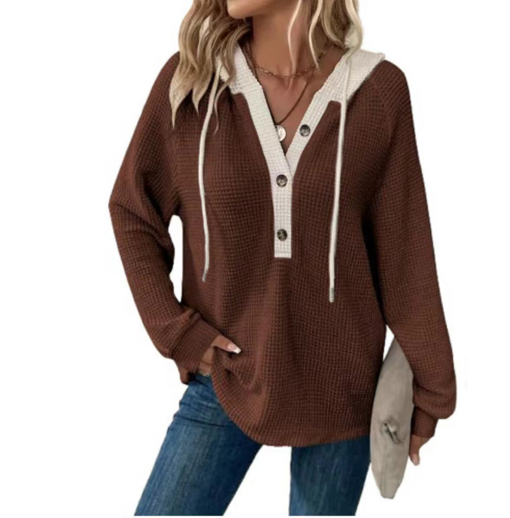 Women's Waffle Hooded Button Loose Long Sleeve Matching Women's Sweater, Sweater