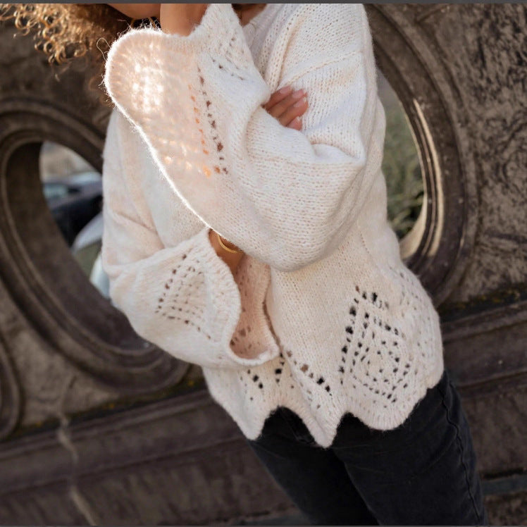 Women's Hollow Irregular Hem Round Neck Knitted Bottoming Shirt Sweater