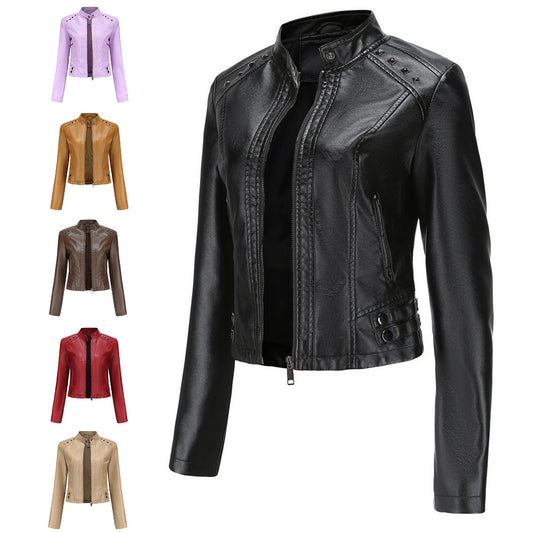 Women's Rivet Leather Long-sleeved Stand Collar Fashion Jackets