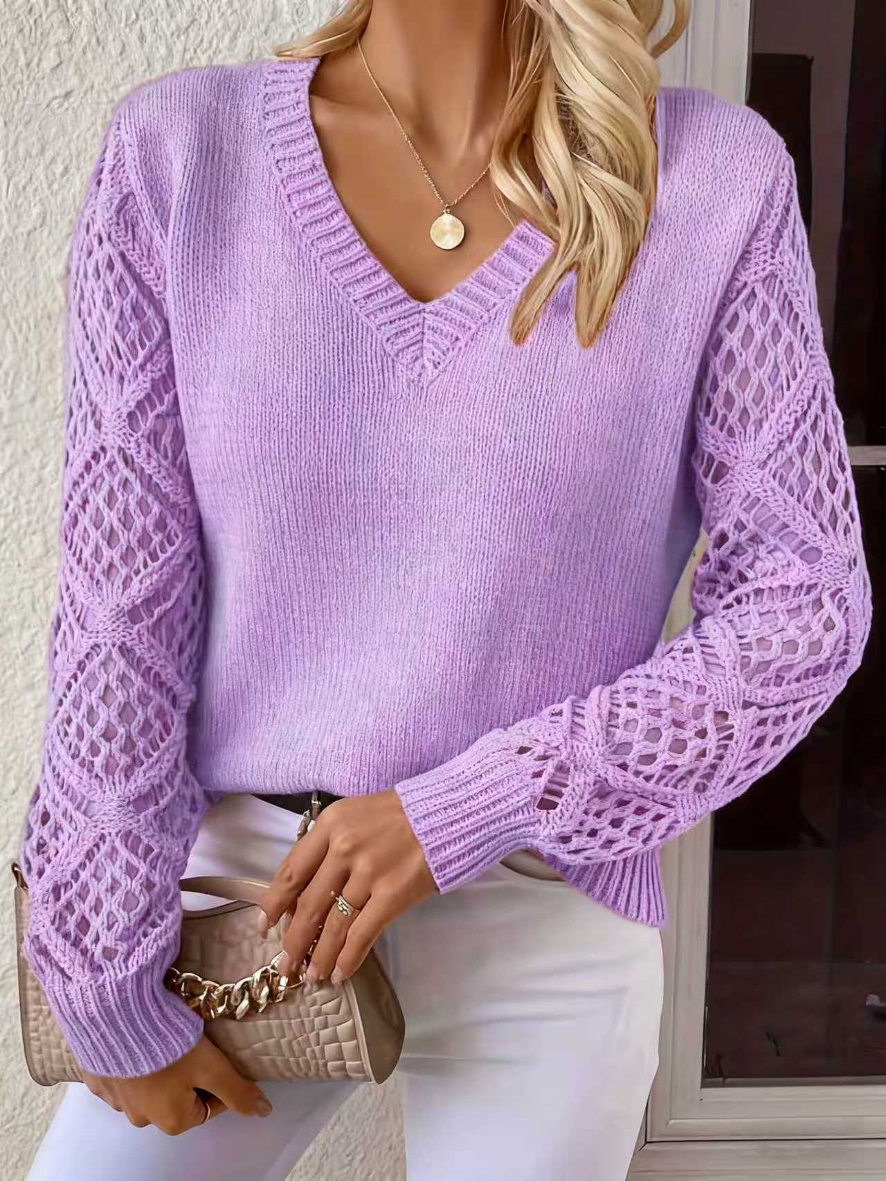 Women's Long Sleeve Hollow Out Pullover Crocheted Jacquard Loose-fitting Base Sweaters