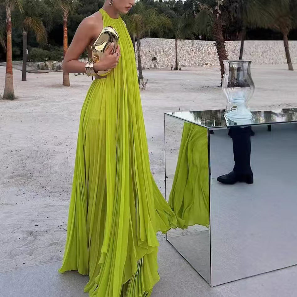 Women's Color Round Neck Sleeveless Sexy Backless Beach Dresses
