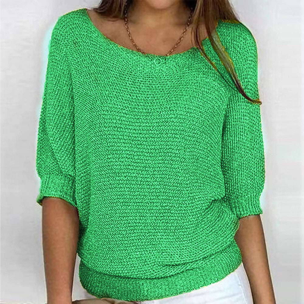 Women's Color Round Neck Commuter Elegant Cropped Sleeves For Air Conditioned Women's Sweater